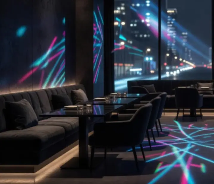 Sötét, városi hangulatú budapesti lounge belső tér kék fényekkel