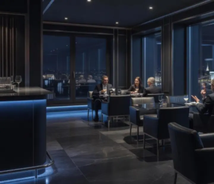 Hangulatos, sötét városi lounge belső tér, kék fényekkel megvilágítva