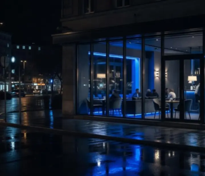 Éjszakai városi étterem és lounge hangulat kék fényekkel