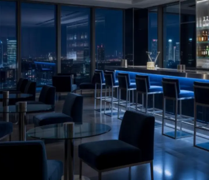 Lounge bárpult kék megvilágítással és urban-style háttérrel