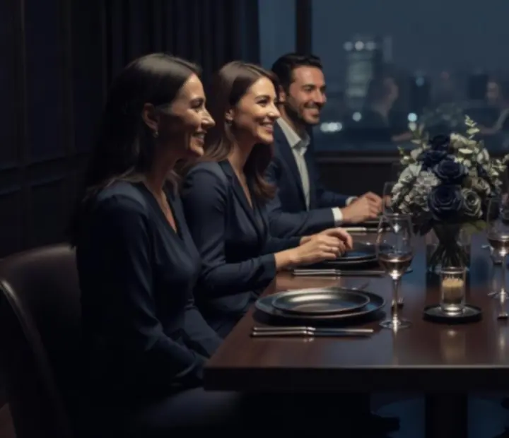 Privát vacsoraasztal gyertyafénnyel és ünneplő társasággal egy modern városi lounge-ban