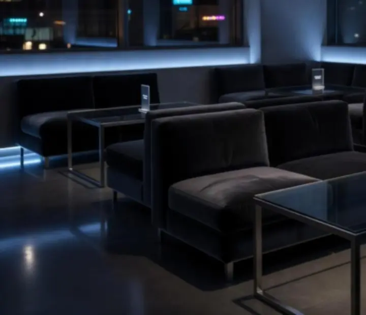 Modern, sötét hangulatú étterem és lounge belső tér üveg asztalokkal és kék fényekkel