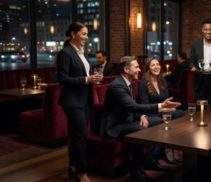 Mosolygós csapat a City Lounge 365 egyik asztalánál, vendégek fogadása közben