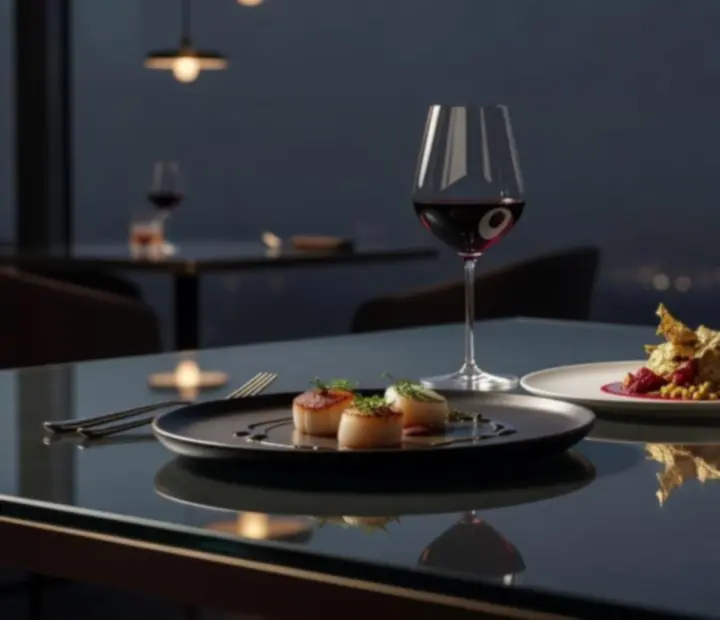Gourmet ételek és italok modern városi éttermi környezetben